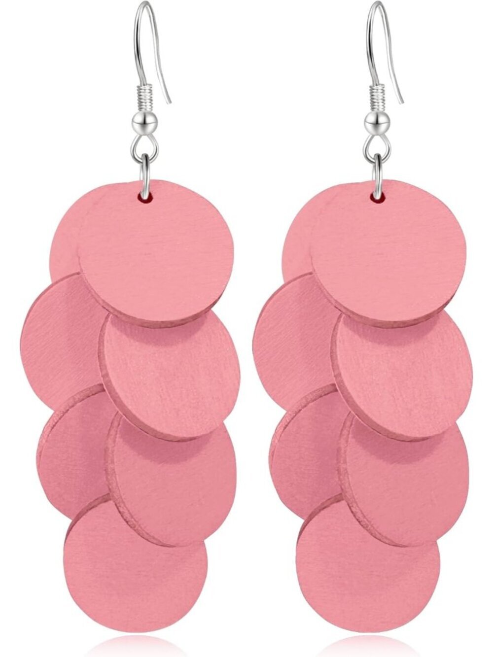 Women's Pink Handmade Bohemian Wooden Round Geometry Dangle Drop Earrings